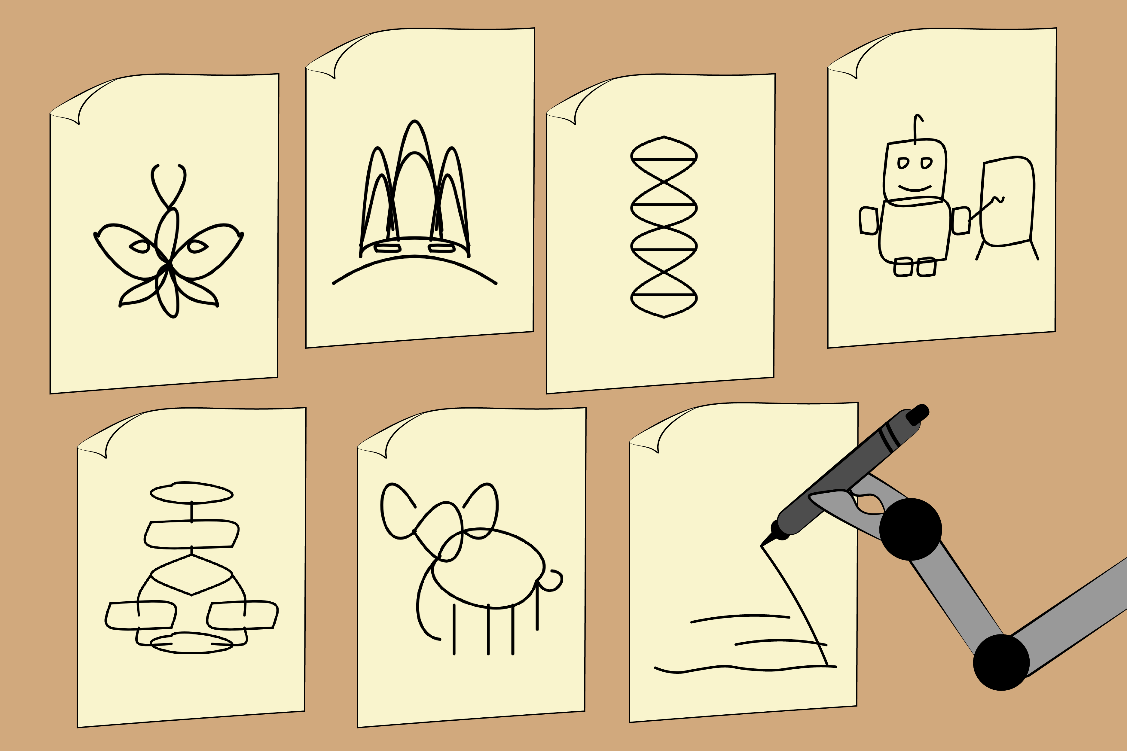 SketchAgent uses a multimodal language model to turn natural language prompts into sketches in a few seconds. It can doodle on its own or through collaboration, drawing with a human or incorporating text-based input to sketch each part separately (Credits: Alex Shipps/MIT CSAIL, with AI-generated sketches from the researchers).