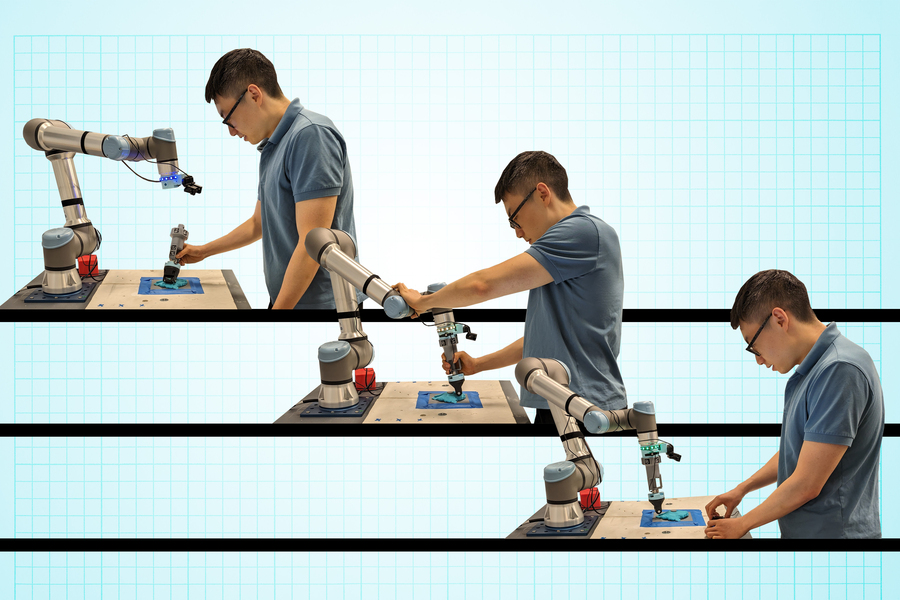 A new handheld interface developed by MIT engineers enables a person to teach a robot new skills, using any of three training approaches: natural teaching (top left), kinesthetic training (middle), and teleoperation (Credits: Courtesy of the researchers).