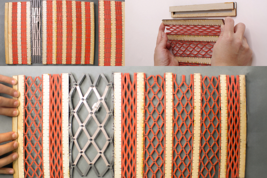 A meta-antenna (shiny latticed material) could be incorporated into a curtain that dynamically adjusts household lighting. Here, a prototype is seen retracted (top left), expanded (bottom), and next to the latching mechanism (top right) (Credits: Courtesy of the researchers).