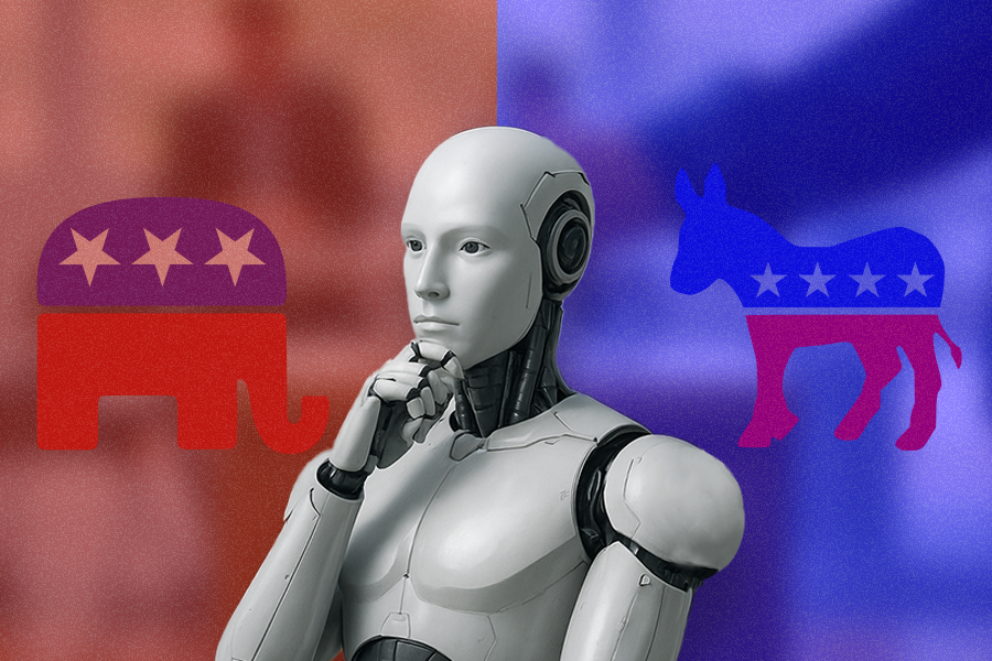 The researchers ran nearly daily queries across 12 state-of-the-art models on more than 12,000 carefully constructed prompts, generating a dataset with over 16 million responses from LLMs (Credit: Alex Shipps/MIT CSAIL, using ChatGPT for humanoid drawing and Pixabay for background image).