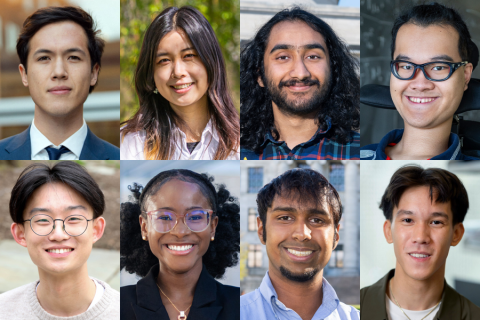 Top row, left to right: Matthew Caren, April Qiu Cheng, Arav Karighattam, and Benjamin Lou. Bottom row, left to right: Isabelle Quaye, Albert Qin, Ananthan Sadagopan, and Gianfranco (Franco) Yee (Credits: Photos courtesy of the Hertz Foundation).