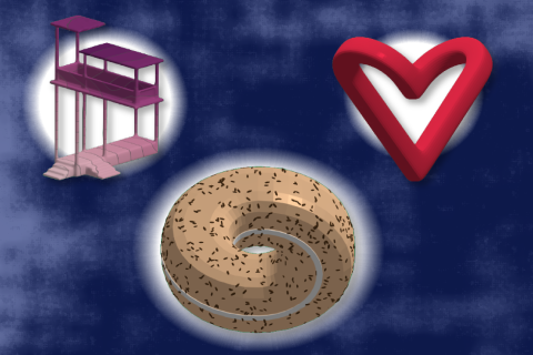 "Meschers" can create multi-dimensional versions of objects that break the laws of physics with convoluted geometries, such as buildings you might see in an M.C. Escher illustration (left) and objects that are shaded in impossible ways (center and right) (Credits: Alex Shipps/MIT CSAIL, using assets from Pixabay and the researchers).